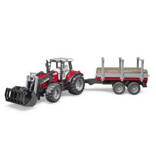 Ciągnik Massey Ferguson 7480 z ładowaczem i przyczepą do drewna Bruder 02046 - widok z przodu