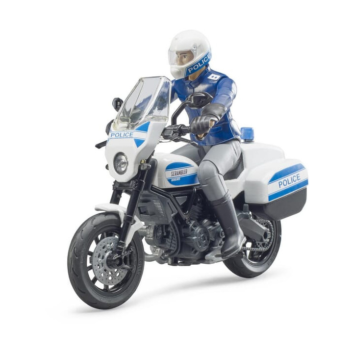 Motocykl policyjny Scrambler Ducati z figurką policjanta Bruder 62731 - widok z przodu