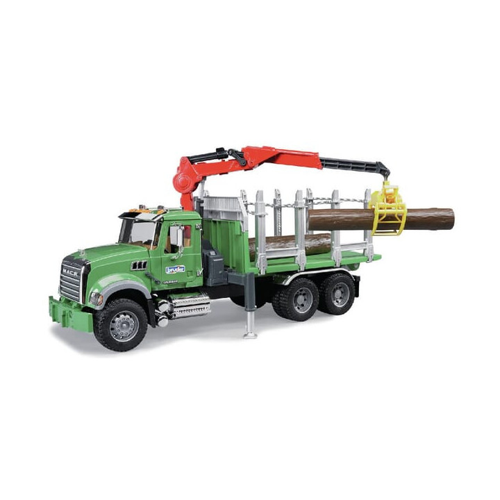 Zabawka ciężarówka do przewozu drewna z żurawiem Mack Granite Bruder 02824 - widok z przodu